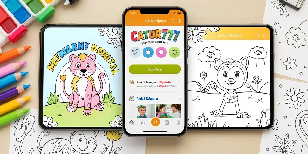 Antarmuka CATUR777 menampilkan berbagai gambar untuk mewarnai dengan warna-warni cerah.