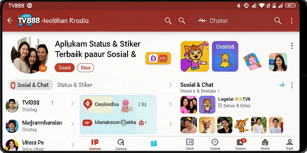 Tampilan antarmuka aplikasi TV888 dengan beragam stiker dan status.